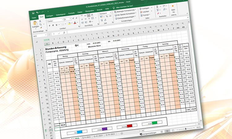 Professionell erstellte EXCEL-Tabelle im Corporate Design: Stunden- und Überstunden-Erfassung (nicht ausgefüllte, leere Tabelle)
