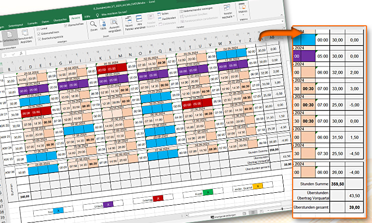 Professionell erstellte EXCEL-Tabelle im Corporate Design: Stunden- und Überstunden-Erfassung (ausgefüllte Tabelle)