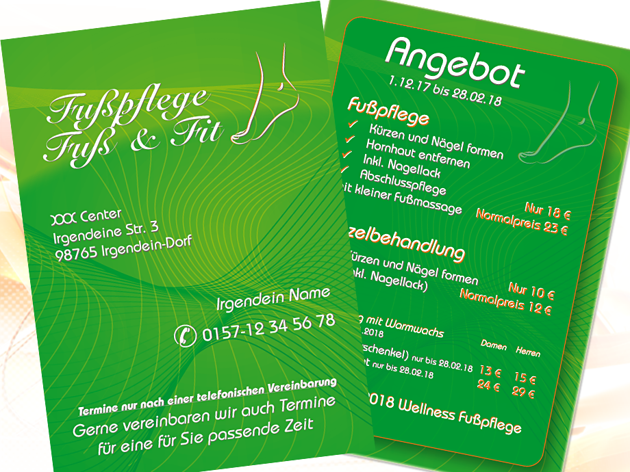 Doppelseitige Visitenkarte. Vorne - Visitenkarte, hinten – aktuelle Angebote der Praxis (hier anonymisiert)