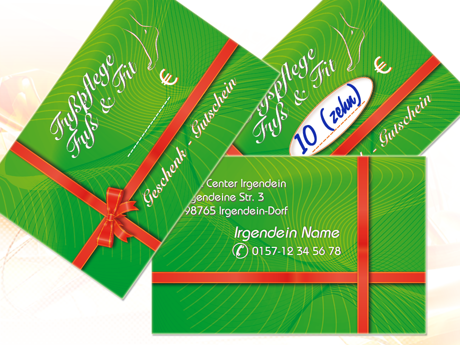 Diverse Geschenkkarten und Gutscheine der Fußpflege-Praxis im Corporate-Design
