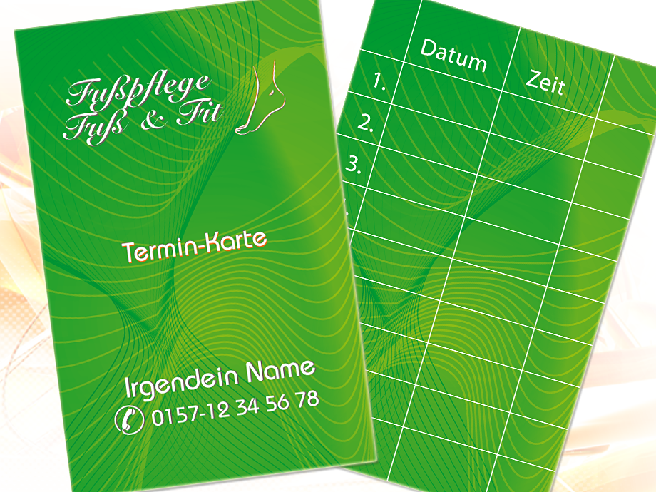 Doppelseitige Visitenkarte (hier anonymisiert). Rückseite – Termin-Karte