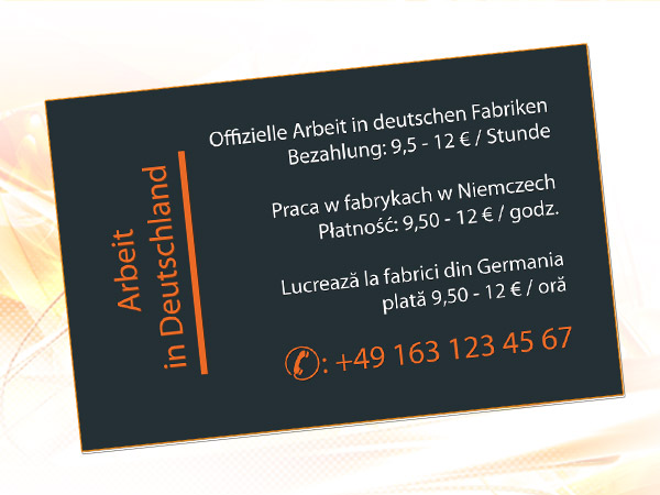 Info-Karte in mehreren Sprachen für eine Zeitfirma aus Nürnberg. Gestaltung und Druck