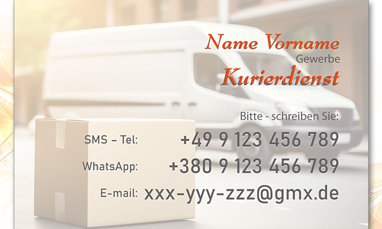 Visitenkarte für Kurierdienst, zweite Variante, die der Kunde ausgewählt hat. (hier anonymisiert)