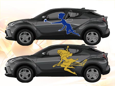 Logoentwürfe, passend für das Auto: blaue und goldene Metallic-Folie. Blaue Logo-Variante wurde ausgewählt