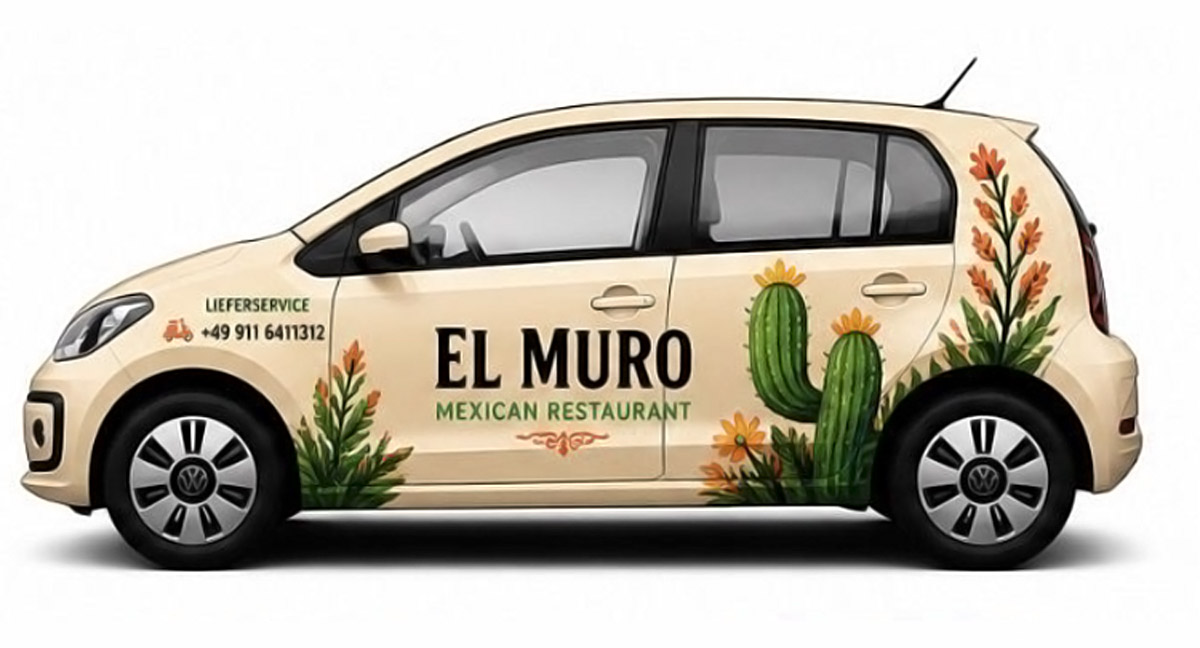 Entwurf der Fahrzeugbeschriftung für das Restaurant El Muro in Nürnberg mit dem späteren Kaktus-Logo.