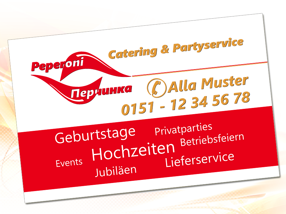 Visitenkarte in Deutsch und Russisch für eine Catering- und Partyservice-Firma